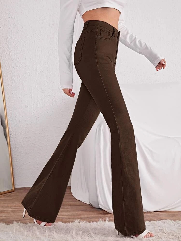 Women Chocolate Brown Bootleg High Rise Flare Jeans