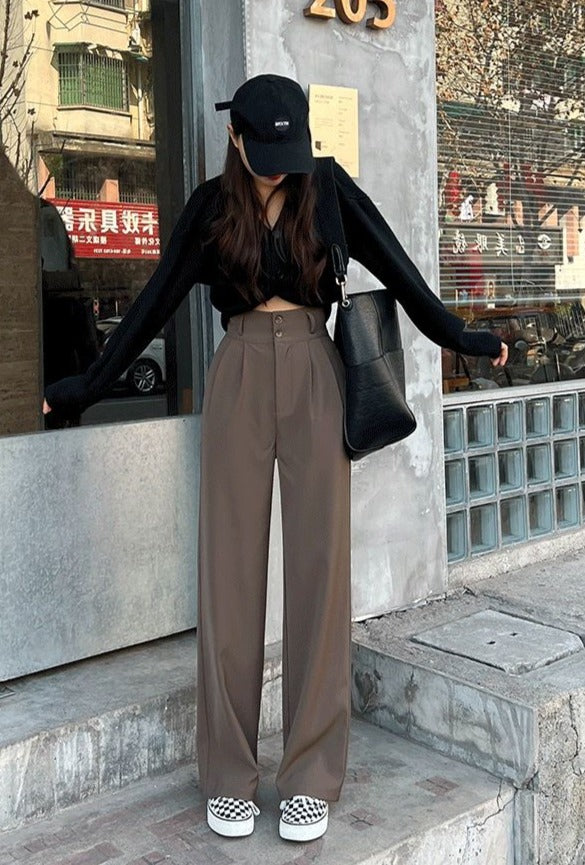 Korean Style] Black Sesame Full Length Staight Wide Leg Pants – Ordicle
