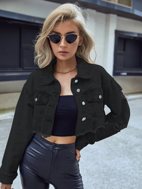 Black Cropped Denim Jacket | Womens Jackets | Select Fashion Online