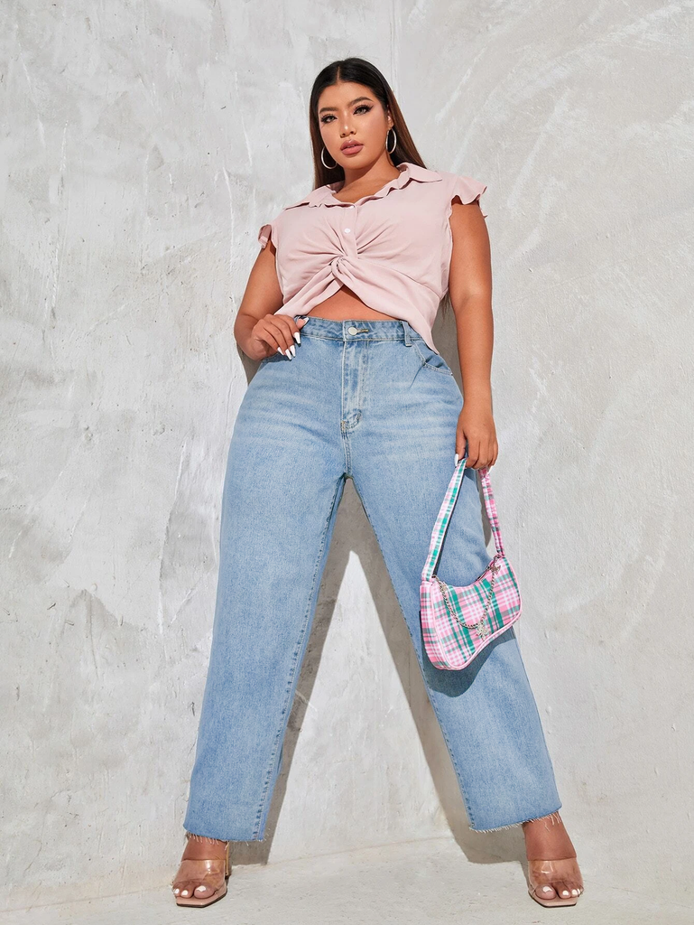 Blue Raw Hem Wide Leg High Waist Plus Size Jeans Offduty India