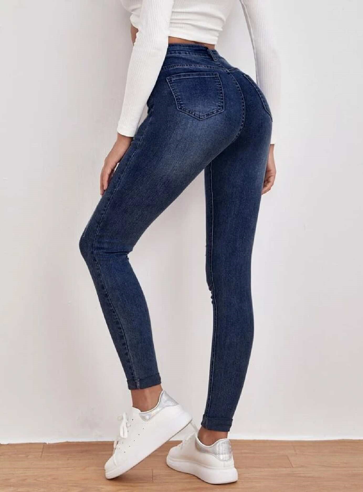 HIGH WAISTED COLORED SUPER-STRETCH JEANS NAVY - LOVER BRAND FASHION